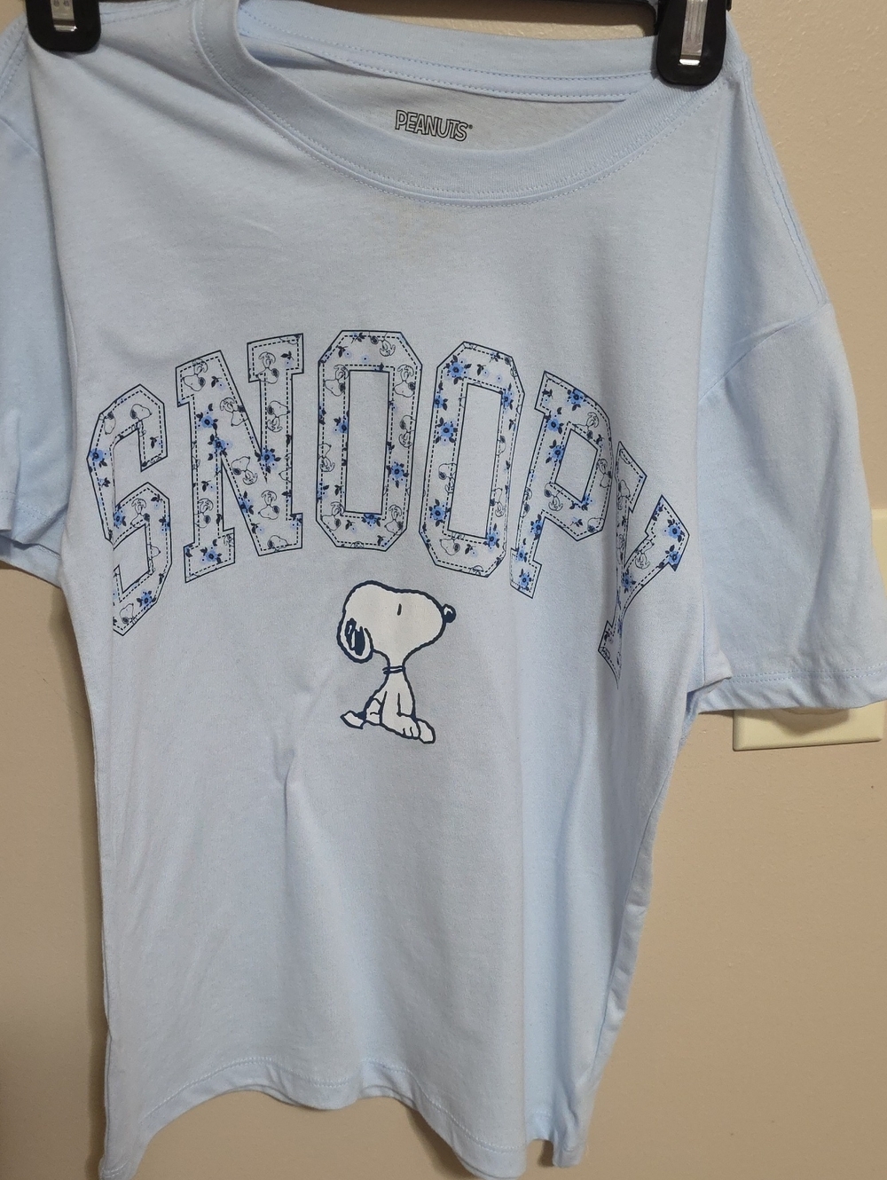 Peanuts Light Blue Kids Tee with Navy Floral 'SNOOPY' Lettering